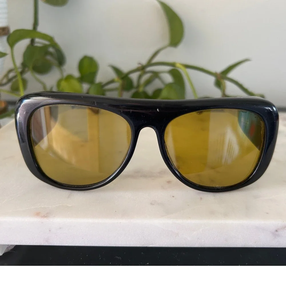 Vintage Polarized Fisherman Glasses Japan 3787 Black Frame Amber Lens Wrap
